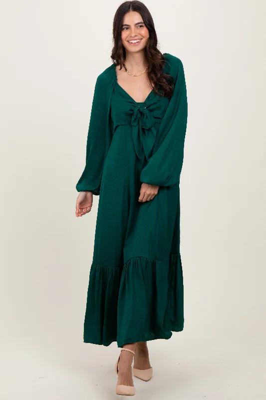 ladies-maxi-dress-stretchy-sway-Emerald Bow Satin Maxi Dress