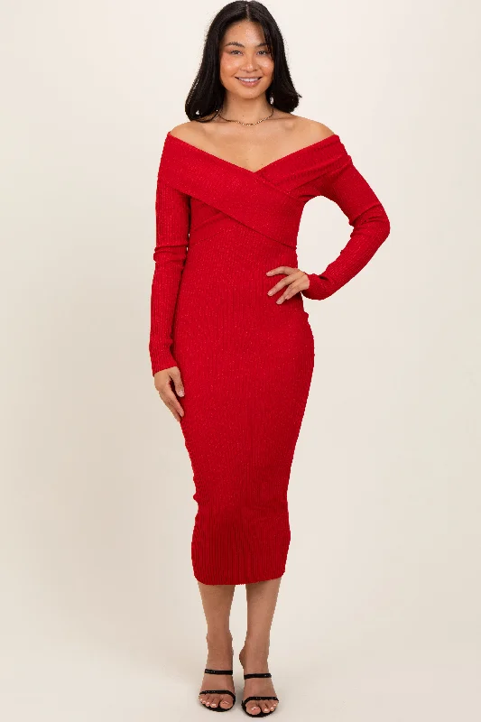 Women's midi dress shop chic -Red Ribbed Crossover Off Shoulder Midi Dress