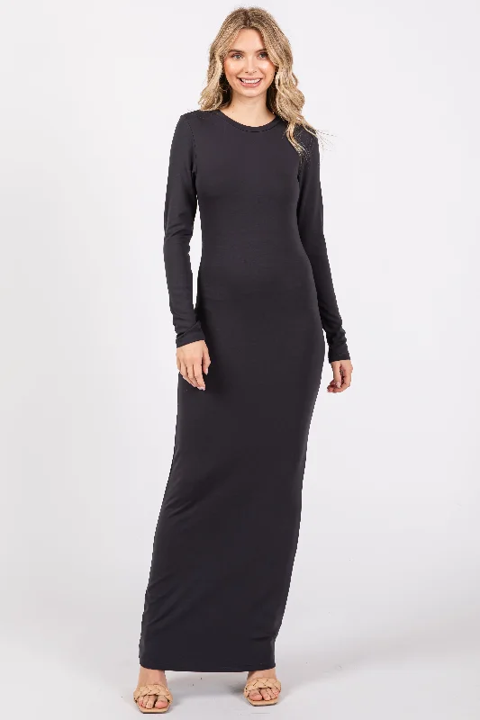 ladies-maxi-dress-geometric-gleam-Charcoal Long Sleeve Fitted Maxi Dress