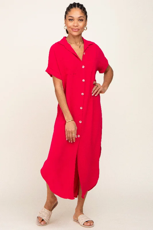 ladies-maxi-dress-weekend-wisp-Fuchsia Button Down Hi Low Maxi Dress