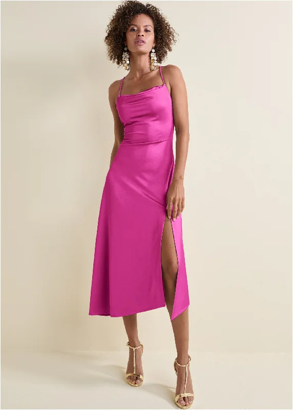 Women's midi dress wild chic -Satin Midi Dress  - Fuchsia