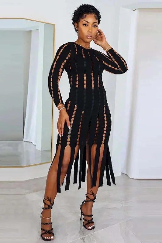 Women's party dress punchy chic -HOLLOW OUT LONG SLEEVE BODYCON FRINGED HEMLINE PARTY MIDI DRESSES [PRE ORDER]