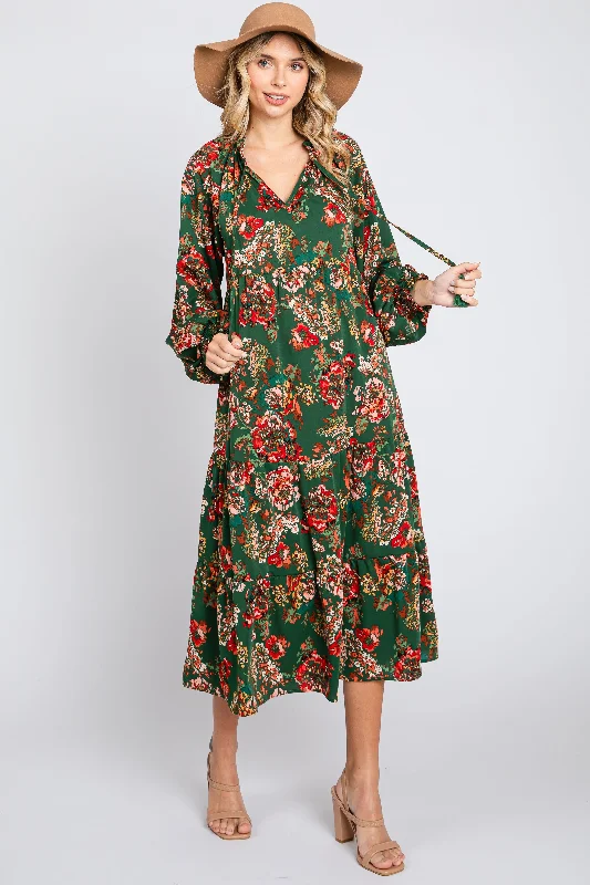 Women's midi dress twirl flair -Forest Green Floral Ruffle Neck Tiered Midi Dress