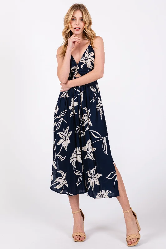 Women's midi dress trail flair -Navy Blue Floral Front Twist Midi Dress