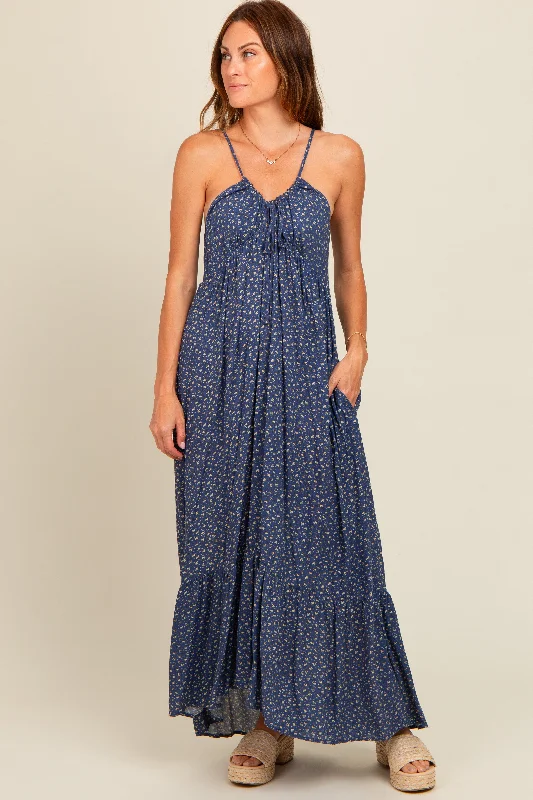 ladies-maxi-dress-trendy-twirl-Blue Floral Tie Front Maxi Dress