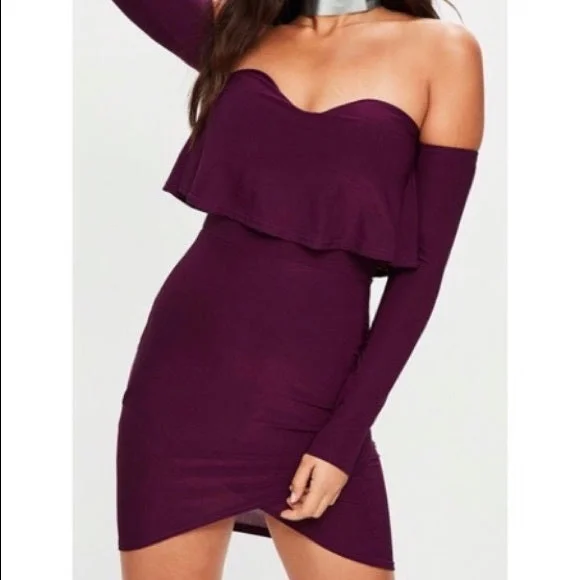 ladies-bodycon-dress-retro-rush-Missguided Purple Overlay Bardot Bodycon Womens Dress