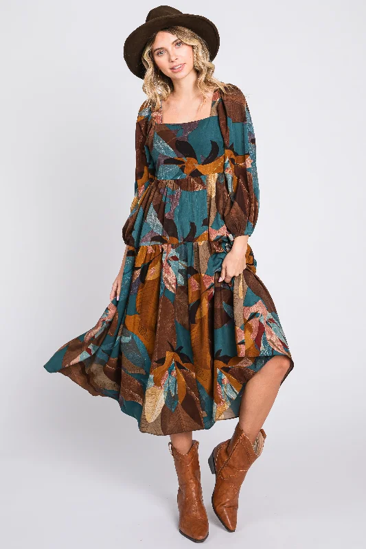 Women's midi dress hush flair -Teal Leaf Print Square Neck Midi Dress