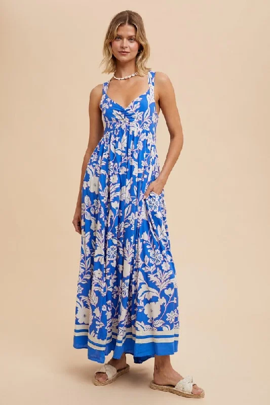 ladies-maxi-dress-striped-sunset-Blue Floral Cutout Back Tie Maxi Dress