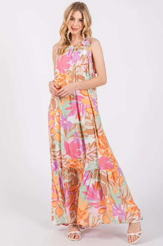 ladies-maxi-dress-effortless-ember-Pink Floral Shoulder Tie Empire Maxi Dress