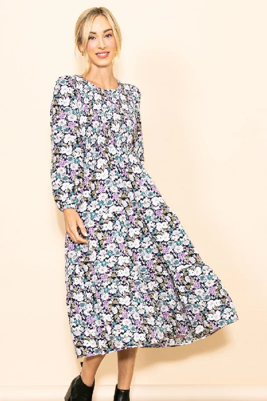 Women's midi dress zesty glow -Black Floral Smocked Tiered Midi Dress