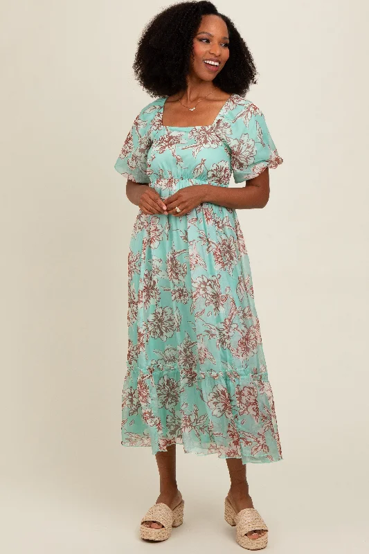 Women's midi dress pure flair -Mint Green Floral Chiffon Ruffle Hem Midi Dress