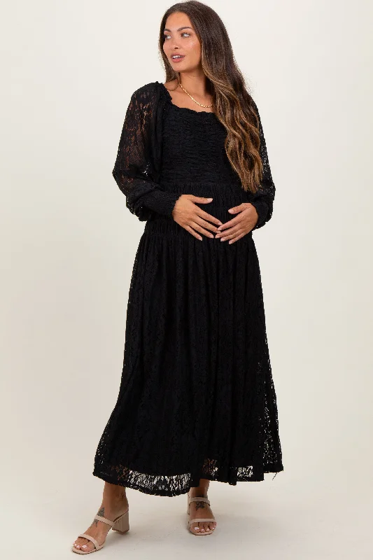 ladies-maxi-dress-statement-sway-Black Lace Smocked Bubble Sleeve Maternity Maxi Dress