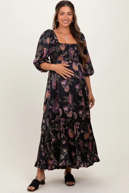 ladies-maxi-dress-tulle-twirl-Black Floral Smocked Ruffled Hem Maternity Maxi Dress