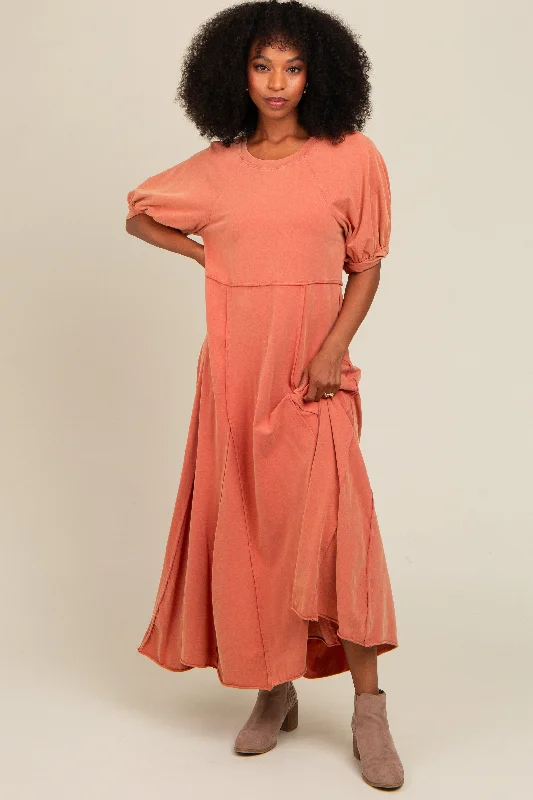 ladies-maxi-dress-silk-sunset-Rust Vintage Wash Puff Sleeve Maxi Dress