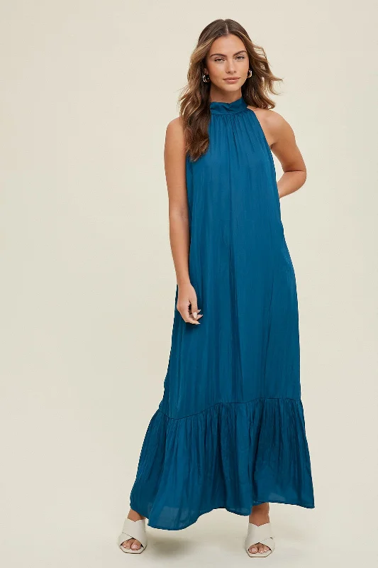 ladies-maxi-dress-asymmetric-awe-Teal Textured Halter Tie Maxi Dress