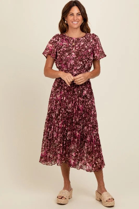 Women's midi dress lush glow -Brown Floral Pleated Midi Dress