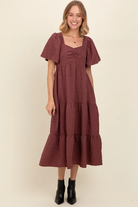 Women's midi dress old flair -Burgundy Sweetheart Neck Short Puff Sleeve Tiered Midi Dress