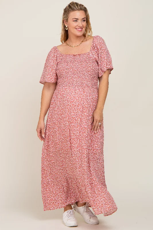 ladies-maxi-dress-pearl-petal-Mauve Floral Smocked Flounce Sleeve Maternity Plus Maxi Dress