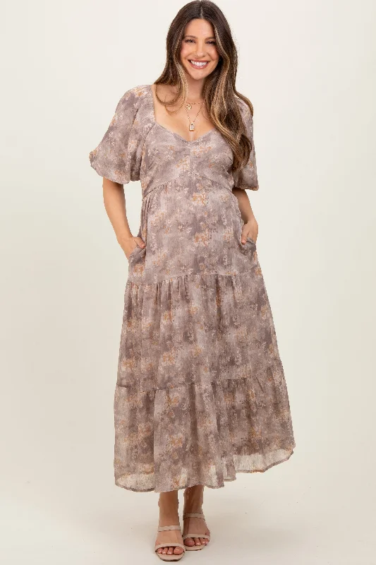 ladies-maxi-dress-lapis-lush-Light Taupe Watercolor Floral Puff Sleeve Tiered Maternity Maxi Dress