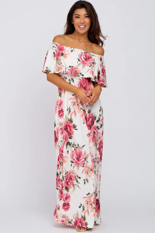 ladies-maxi-dress-curvy-charm-Ivory Floral Off Shoulder Flounce Maxi Dress