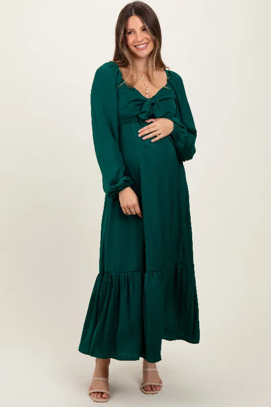 ladies-maxi-dress-draped-dawn-Emerald Bow Satin Maternity Maxi Dress