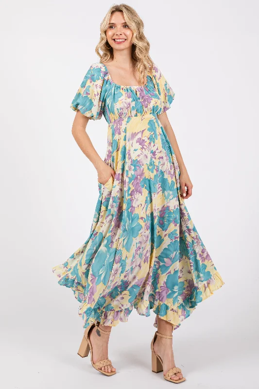 ladies-maxi-dress-elastic-essence-Teal Floral Puff Sleeve Handkerchief Hem Maxi Dress