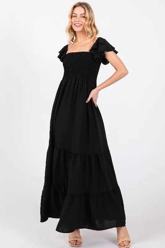 ladies-maxi-dress-date-night-dusk-Black Smocked Ruffle Off Shoulder Tiered Maxi Dress