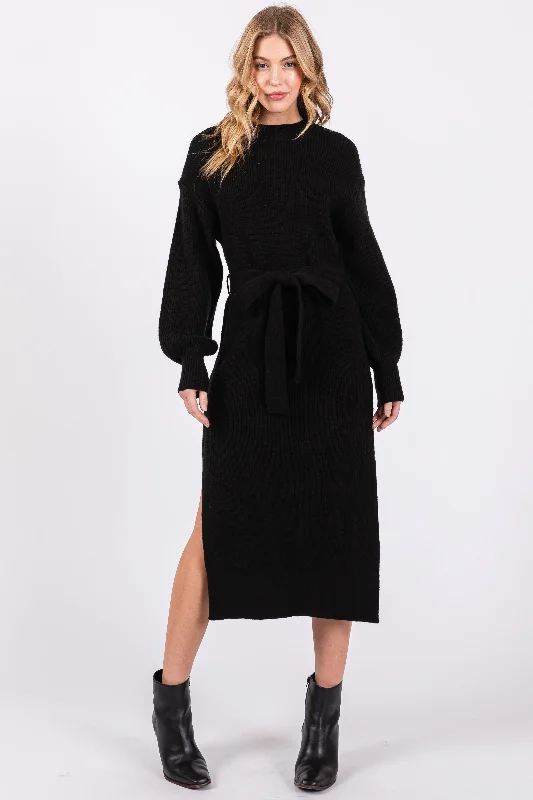 Women's midi dress link pop -Black Side Slit Sweater Midi Dress