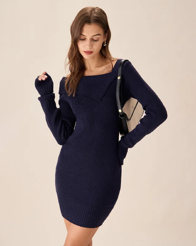 ladies-bodycon-dress-tie-front-tease-Navy Off The Shoulder Bodycon Sweater Dress | Navy