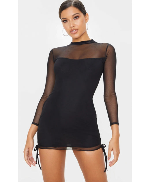 ladies-bodycon-dress-cotton-crisp-Black Mesh High Neck Bodycon Dress