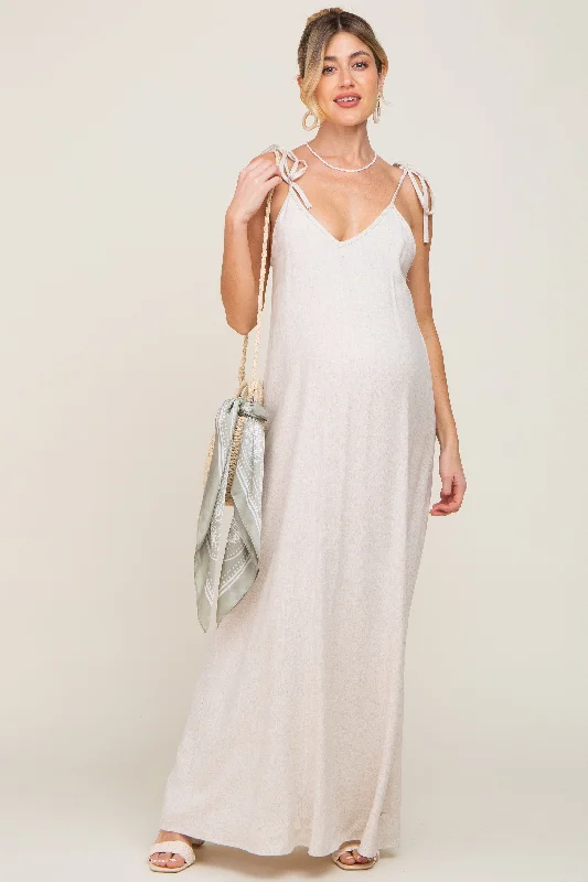 ladies-maxi-dress-white-wisp-Beige Linen V-Neck Tie Strap Maternity Maxi Dress