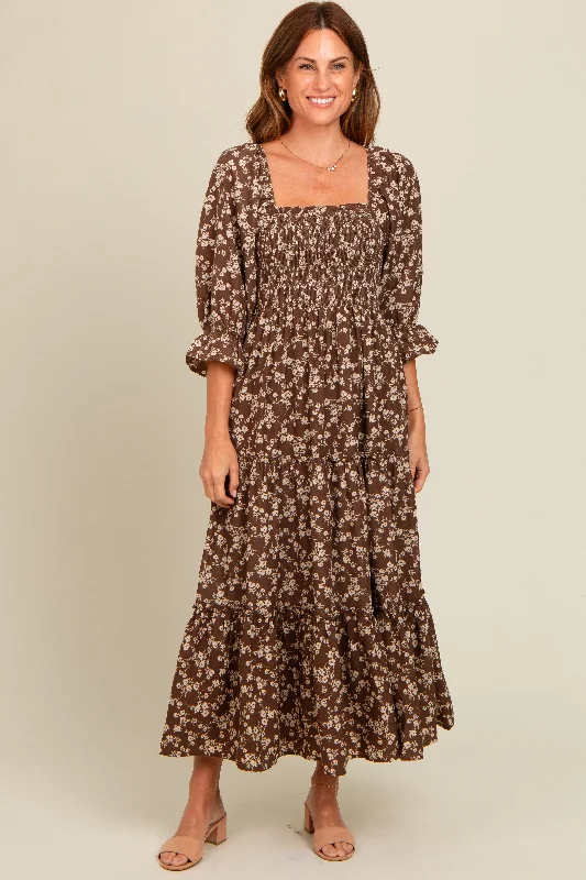 Women's midi dress glee pop -Brown Smocked Tiered Pocketed Midi Dress