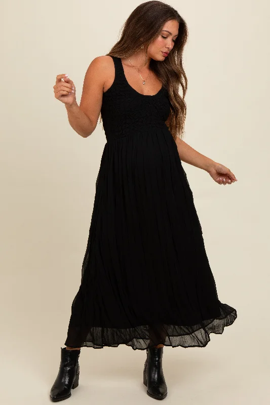 ladies-maxi-dress-cold-shoulder-chic-Black Textured Smocked Bodice Sleeveless Maternity Maxi Dress