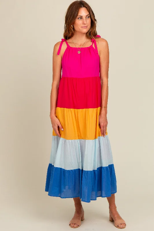 Women's midi dress spin chic -Fuchsia Colorblock Tiered Midi Dress