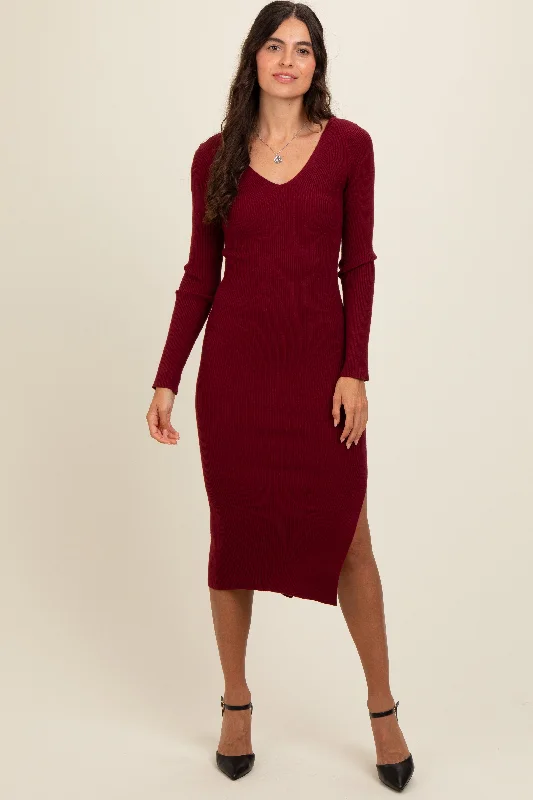 Women's midi dress old flair -Burgundy Ribbed Knit Side Slit Midi Dress