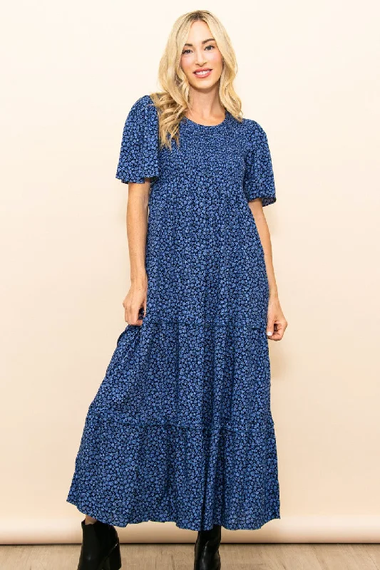 Women's midi dress last chic -Blue Ditsy Floral Smocked Ruffle Tiered Midi Dress