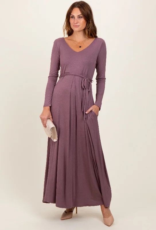 ladies-maxi-dress-value-vision-Mauve V-Neck Long Sleeve Sash Tie Maxi Dress