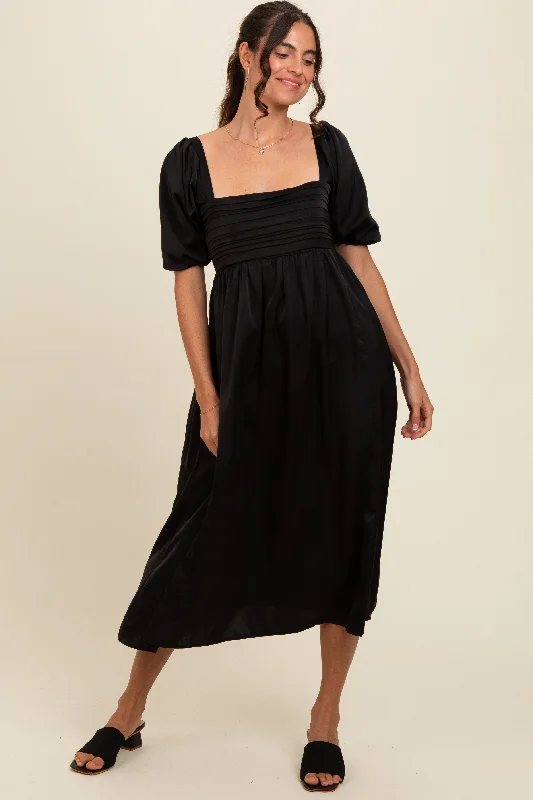 Women's midi dress neat pop -Black Satin Pleated Bodice Puff Sleeve Midi Dress