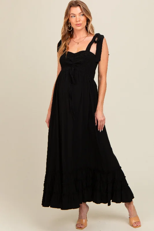 ladies-maxi-dress-autumn-amber-Black Sweetheart Neck Smocked Shoulder Tie Maternity Maxi Dress