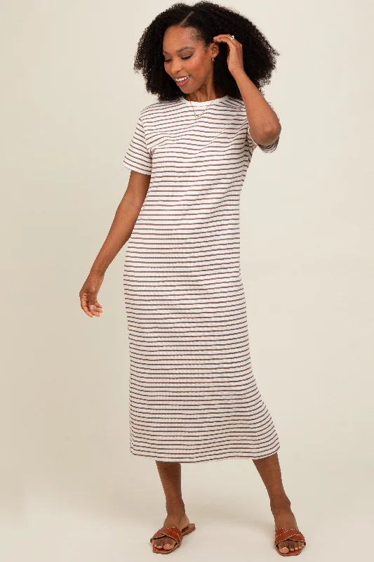 Women's midi dress plush flair -Cream Striped Short Sleeve T-Shirt Midi Dress