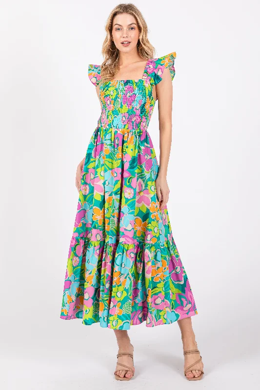 Women's midi dress 70s glow -Green Floral Ruffle Shoulder Smocked Midi Dress