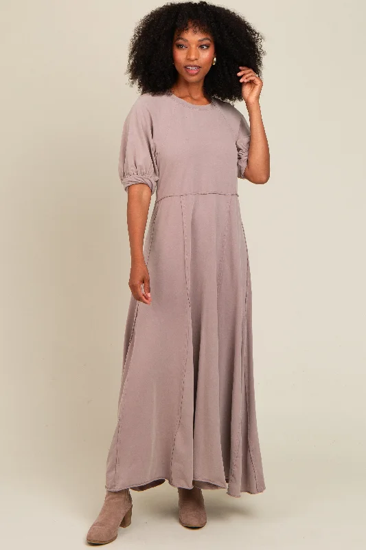 ladies-maxi-dress-timeless-tide-Taupe Vintage Wash Puff Sleeve Maxi Dress