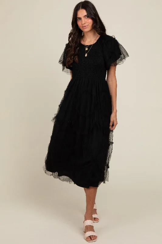 Women's midi dress calm pop -Black Smocked Dotted Tulle Overlay Midi Dress