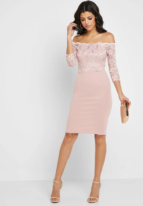 ladies-bodycon-dress-petite-punch-Scallop Bardot Lace Bodycon Dress