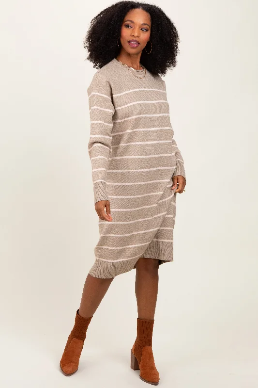 Women's midi dress whirl chic -Beige Striped Midi Sweater Dress