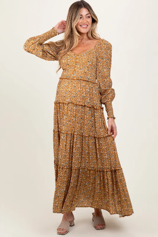 ladies-maxi-dress-plunge-poise-Camel Floral Button Accent Bodice Tiered Maternity Maxi Dress