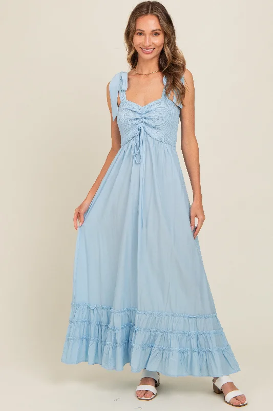 ladies-maxi-dress-elastic-essence-Light Blue Sweetheart Neck Smocked Shoulder Tie Maxi Dress