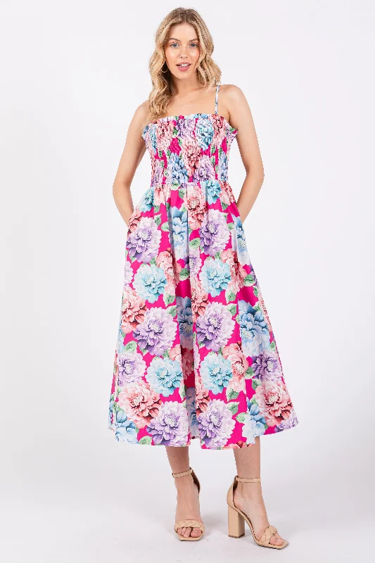 Women's midi dress vine flair -Fuchsia Floral Smocked Midi Dress