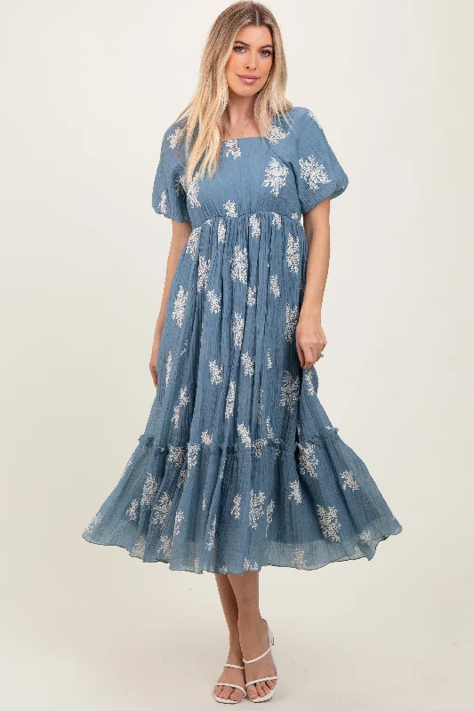 Women's midi dress vine flair -Blue Floral Print Ruffle Hem Midi Dress