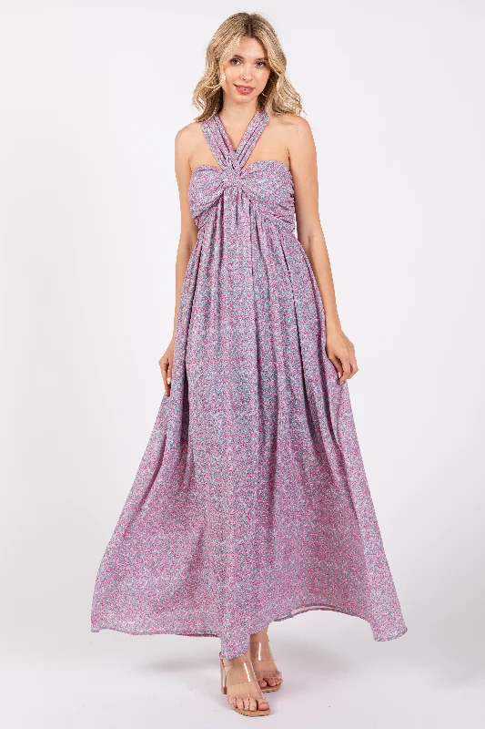 ladies-maxi-dress-off-shoulder-orchid-Teal Print Halter Maxi Dress